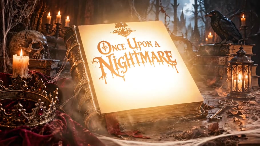A candlelit storybook titled Once Upon a Nightmare, surrounded by a raven, lantern, and mysterious objects.